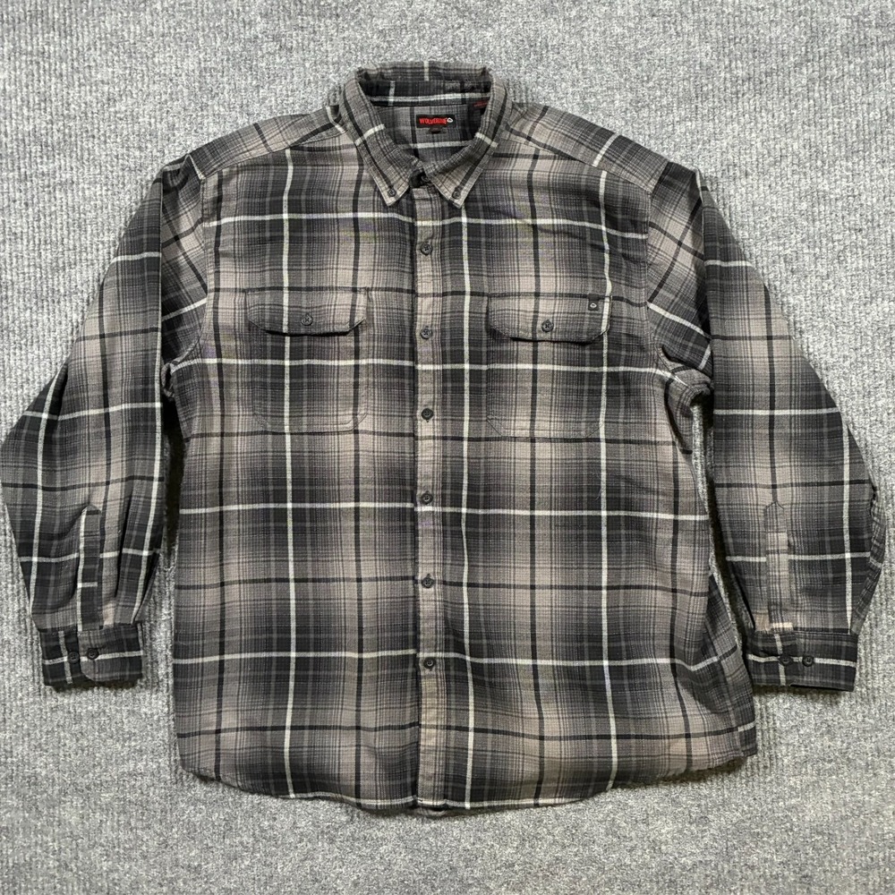 Wolverine Mens Flannel Shirt 2XL Plaid Gray Button Front Workwear Outdoor Casual